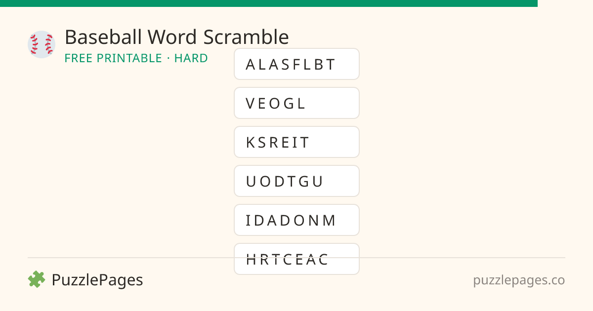 Baseball Hard printable word scramble preview — free to print from PuzzlePages