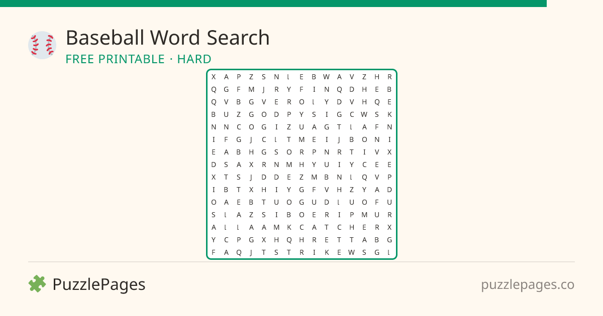 Baseball Hard printable word search preview — free to print from PuzzlePages