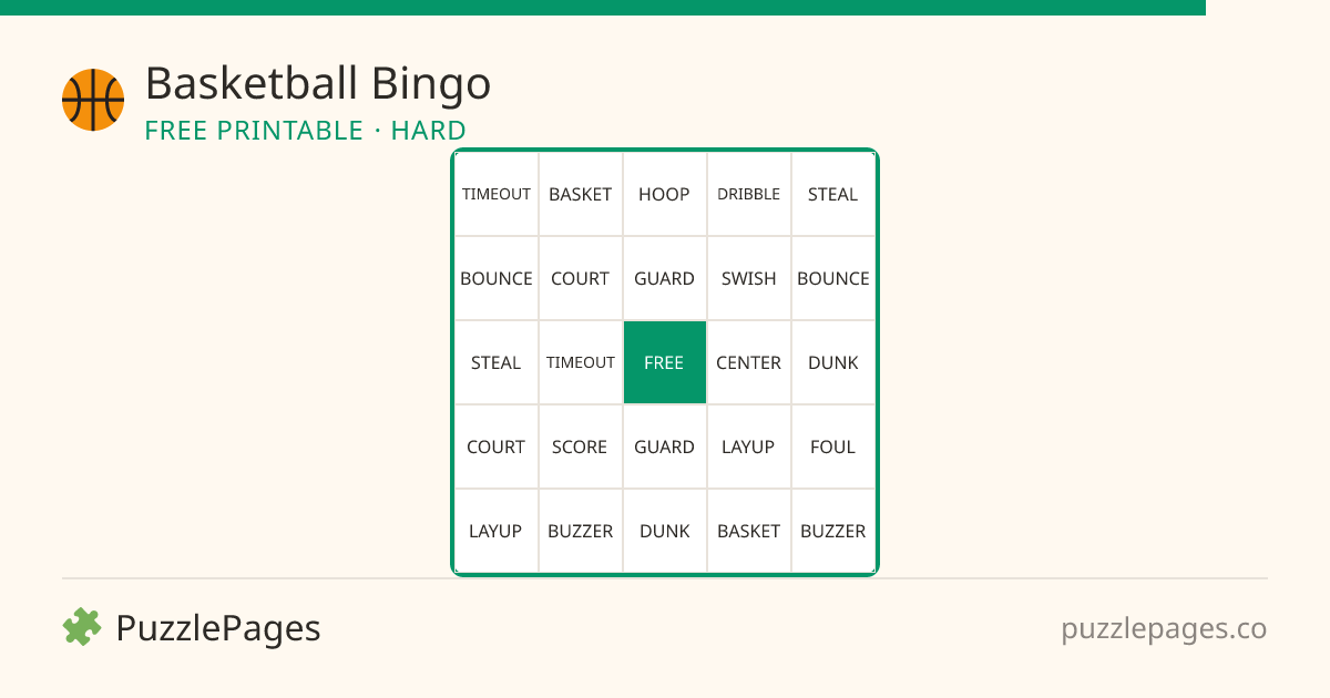 Basketball Hard printable bingo preview — free to print from PuzzlePages