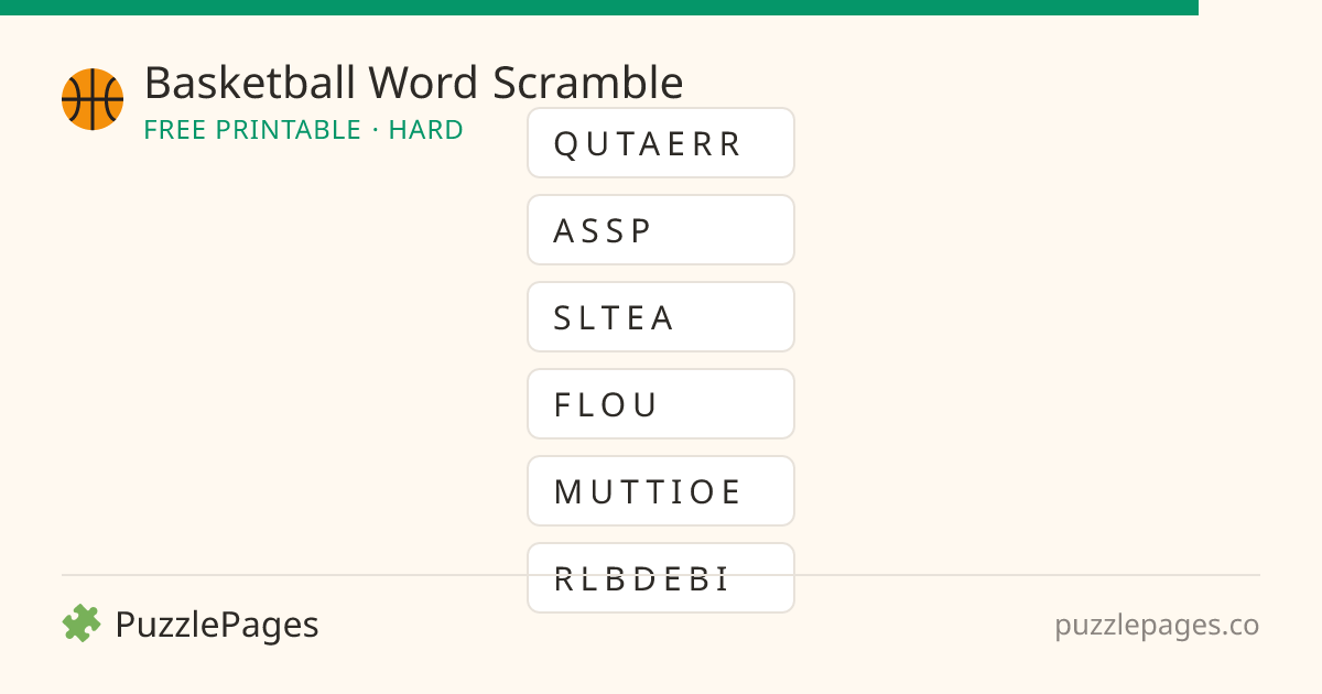 Basketball Hard printable word scramble preview — free to print from PuzzlePages