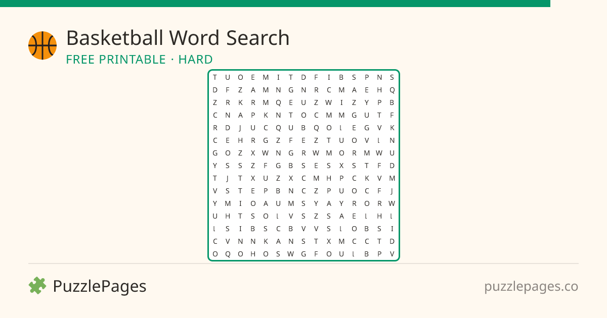 Basketball Hard printable word search preview — free to print from PuzzlePages