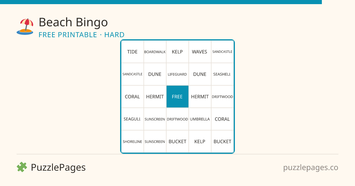 Beach Hard printable bingo preview — free to print from PuzzlePages