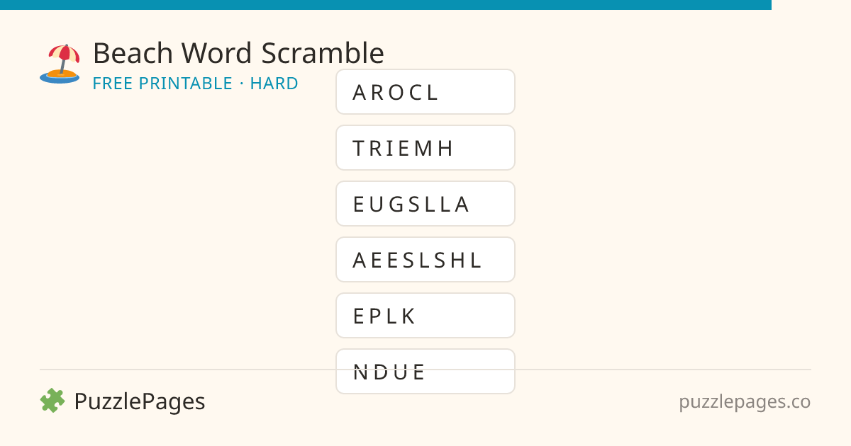 Beach Hard printable word scramble preview — free to print from PuzzlePages