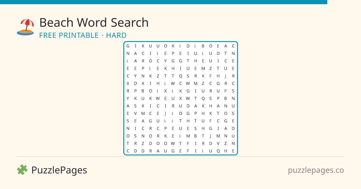 Beach Hard printable word search preview — free to print from PuzzlePages