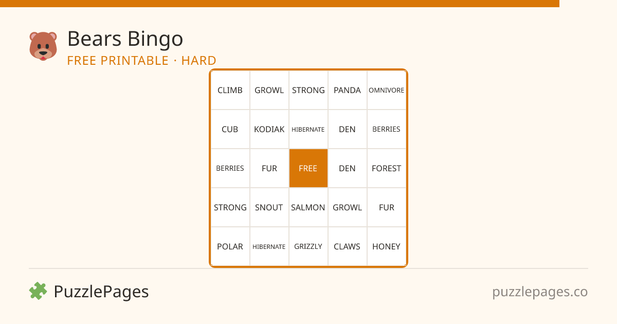 Bears Hard printable bingo preview — free to print from PuzzlePages