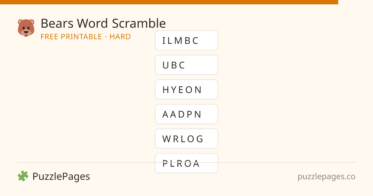 Bears Hard printable word scramble preview — free to print from PuzzlePages