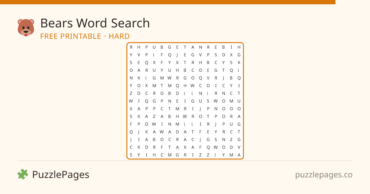 Bears Hard printable word search preview — free to print from PuzzlePages