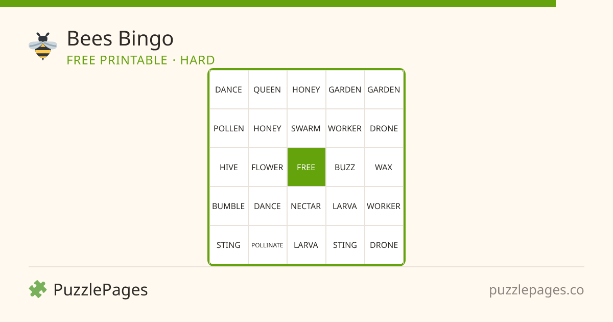 Bees Hard printable bingo preview — free to print from PuzzlePages