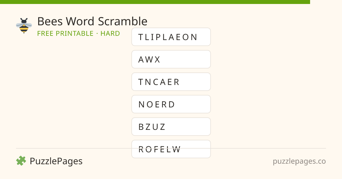Bees Hard printable word scramble preview — free to print from PuzzlePages