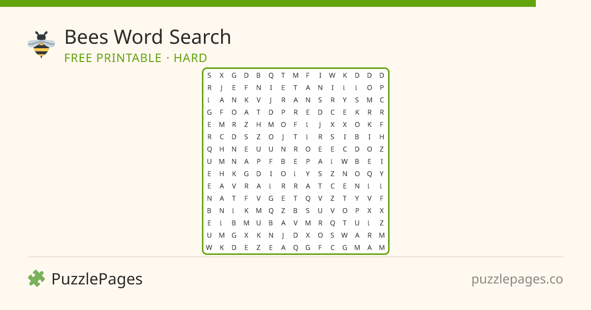 Bees Hard printable word search preview — free to print from PuzzlePages