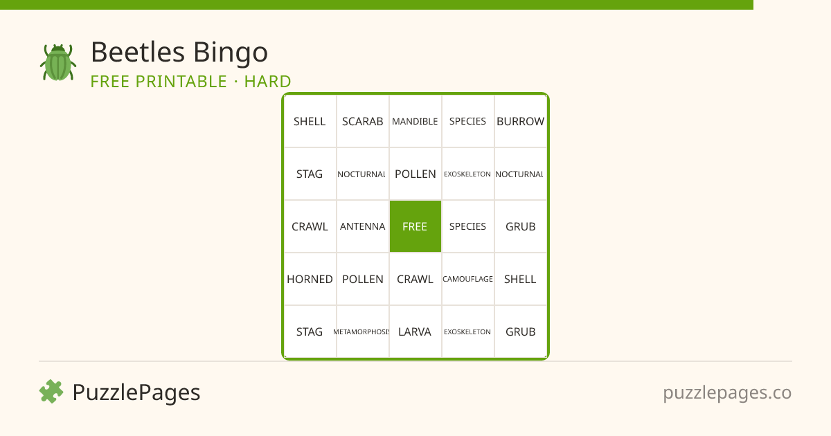 Beetles Hard printable bingo preview — free to print from PuzzlePages