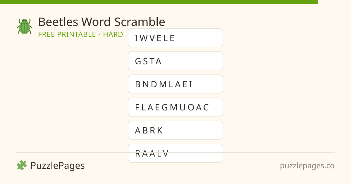 Beetles Hard printable word scramble preview — free to print from PuzzlePages