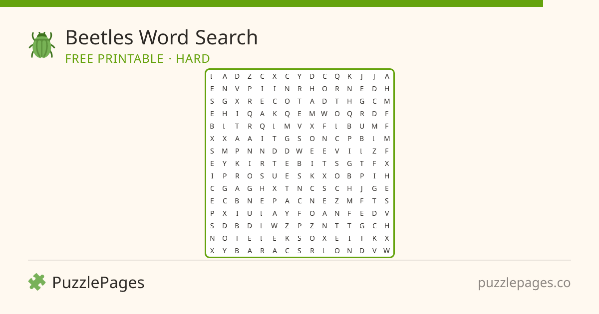 Beetles Hard printable word search preview — free to print from PuzzlePages