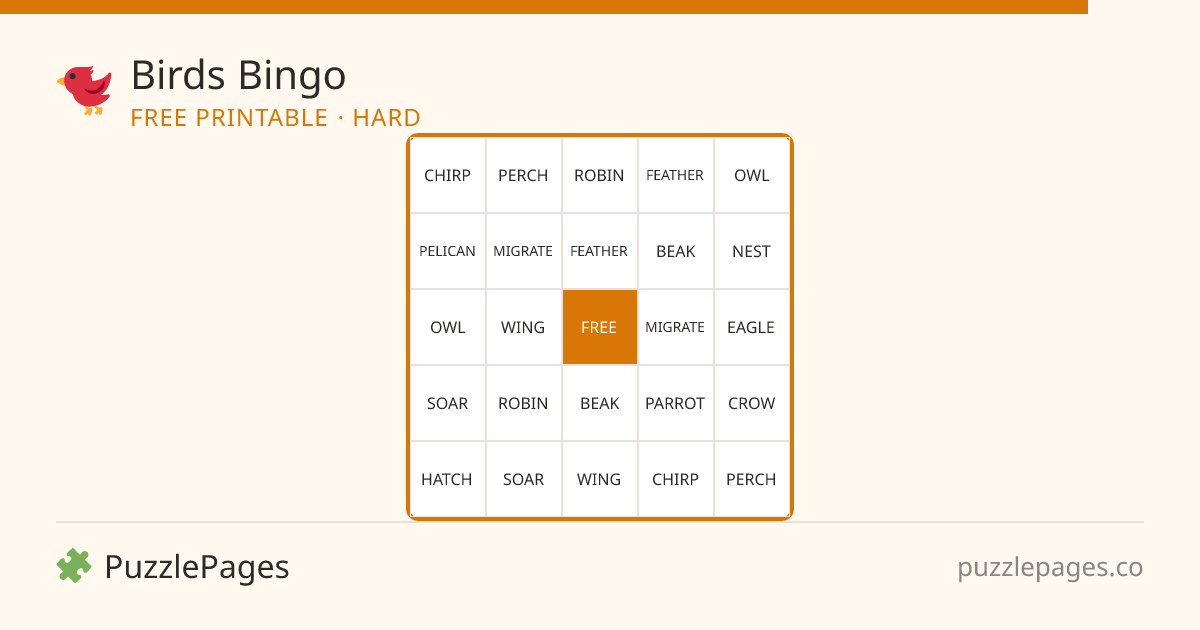 Birds Hard printable bingo preview — free to print from PuzzlePages