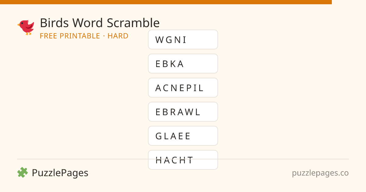 Birds Hard printable word scramble preview — free to print from PuzzlePages