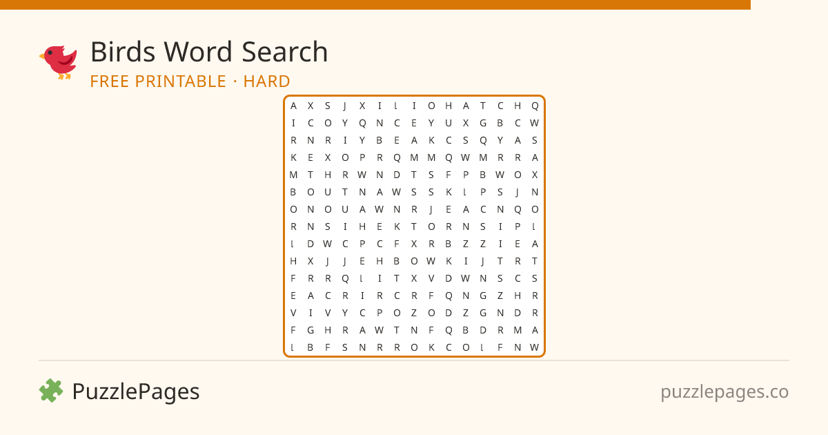 Birds Hard printable word search preview — free to print from PuzzlePages