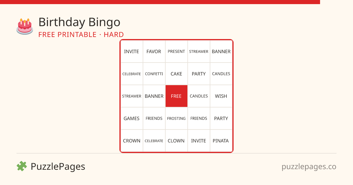 Birthday Hard printable bingo preview — free to print from PuzzlePages