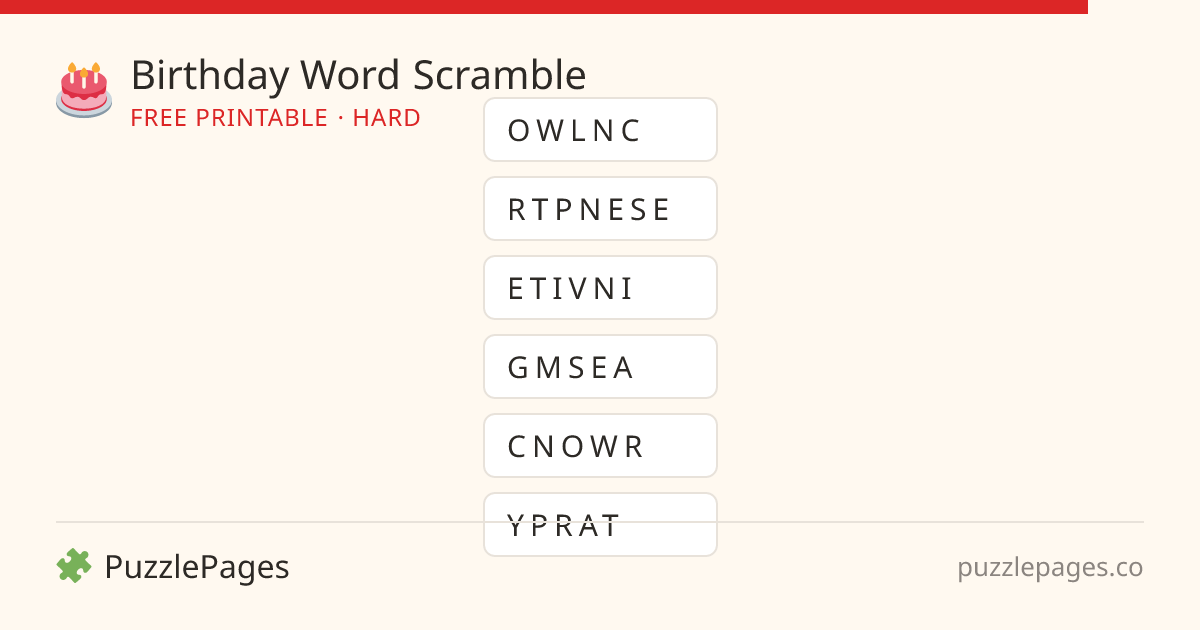 Birthday Hard printable word scramble preview — free to print from PuzzlePages