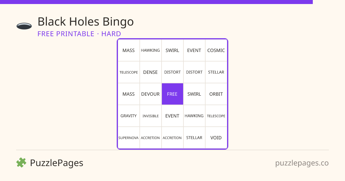 Black Holes Hard printable bingo preview — free to print from PuzzlePages