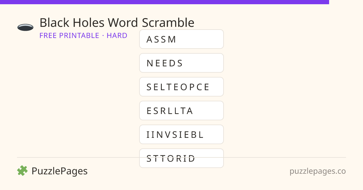 Black Holes Hard printable word scramble preview — free to print from PuzzlePages