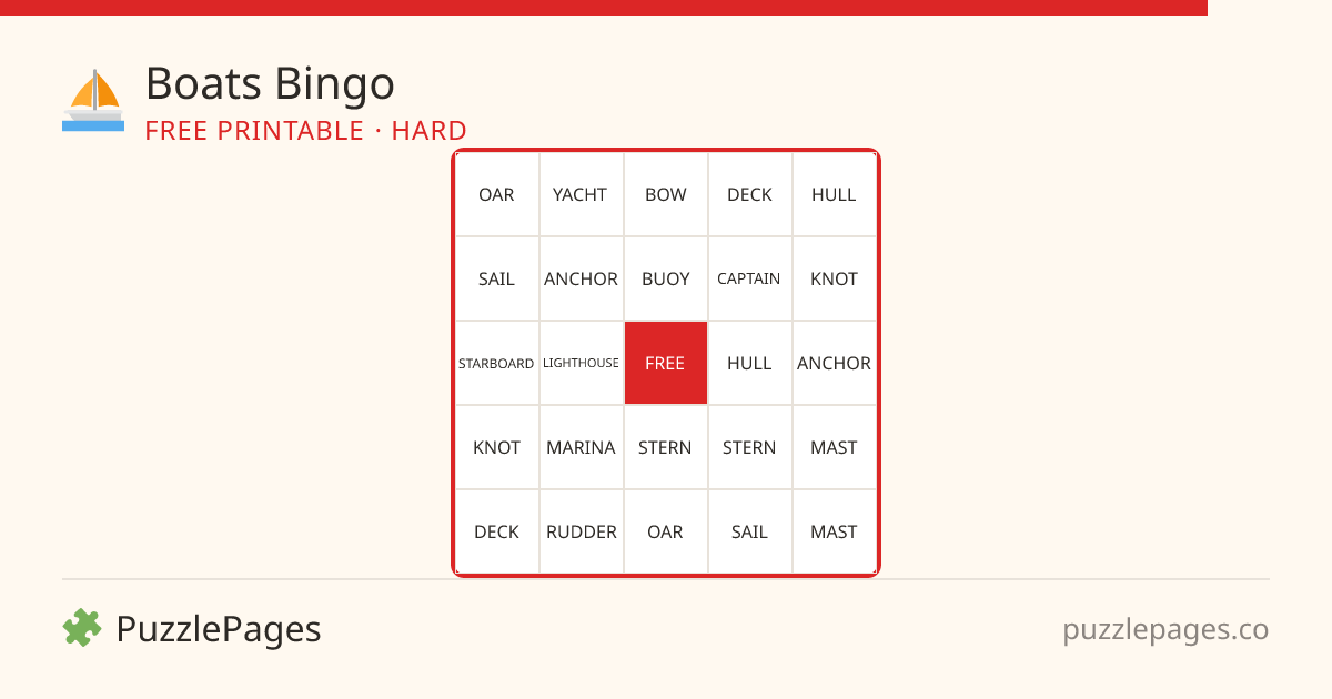 Boats Hard printable bingo preview — free to print from PuzzlePages