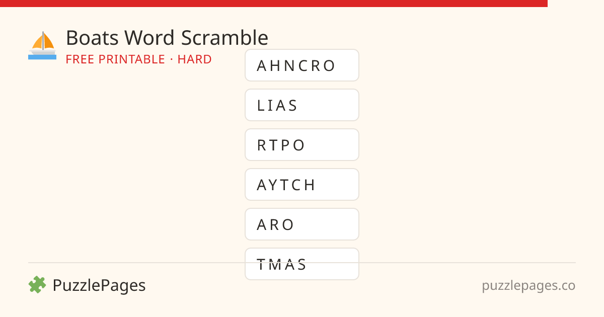 Boats Hard printable word scramble preview — free to print from PuzzlePages