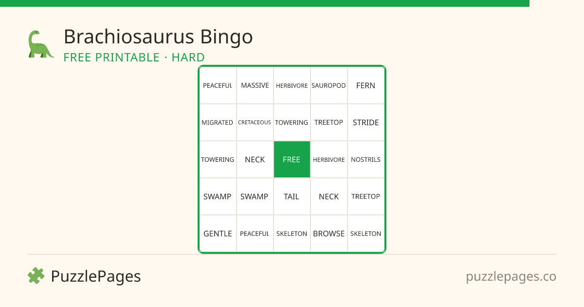 Brachiosaurus Hard printable bingo preview — free to print from PuzzlePages