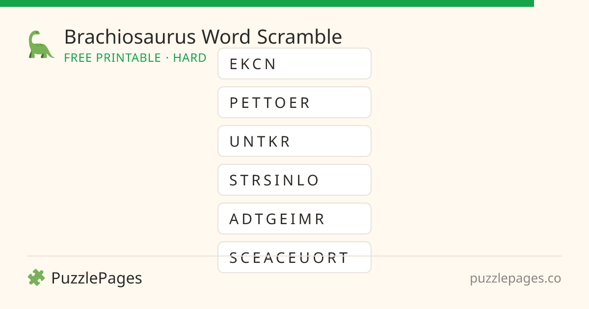 Brachiosaurus Hard printable word scramble preview — free to print from PuzzlePages