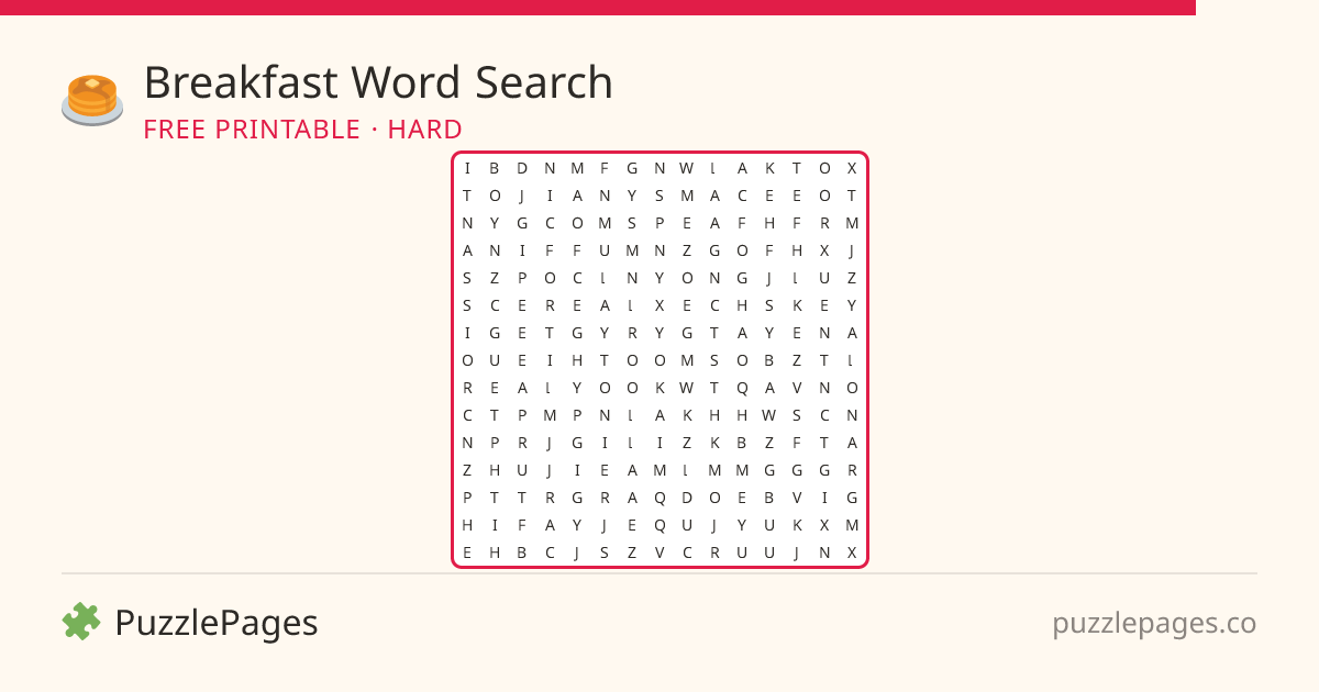 Breakfast Hard printable word search preview — free to print from PuzzlePages