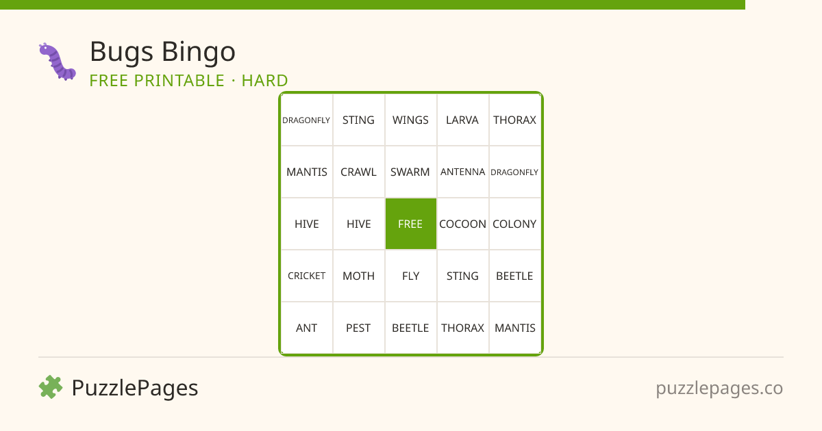 Bugs Hard printable bingo preview — free to print from PuzzlePages