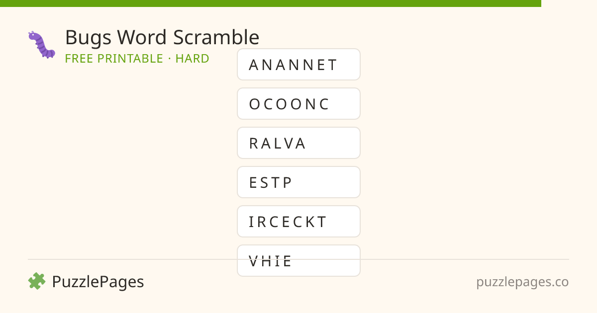 Bugs Hard printable word scramble preview — free to print from PuzzlePages