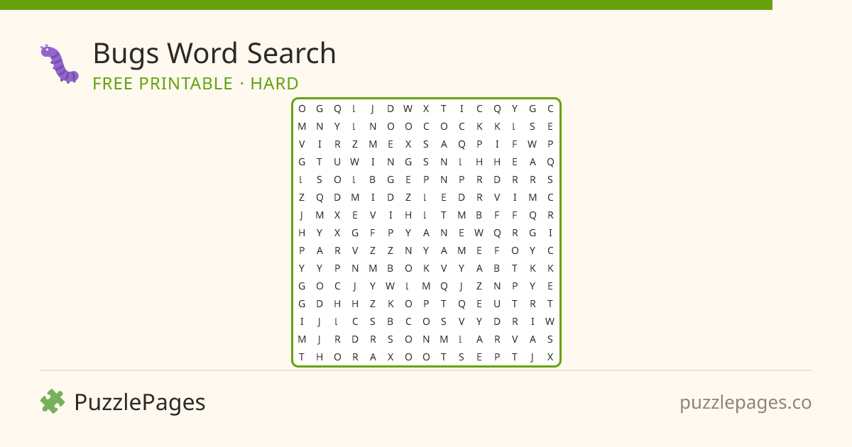 Bugs Hard printable word search preview — free to print from PuzzlePages