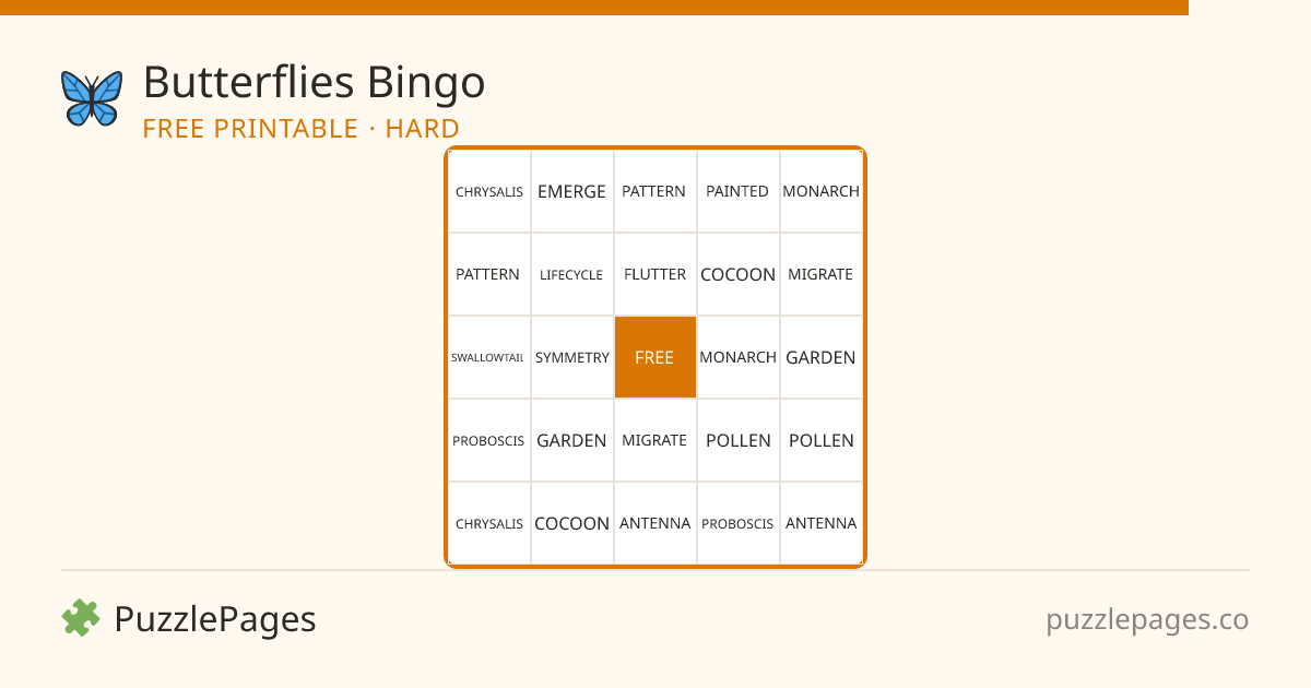 Butterflies Hard printable bingo preview — free to print from PuzzlePages