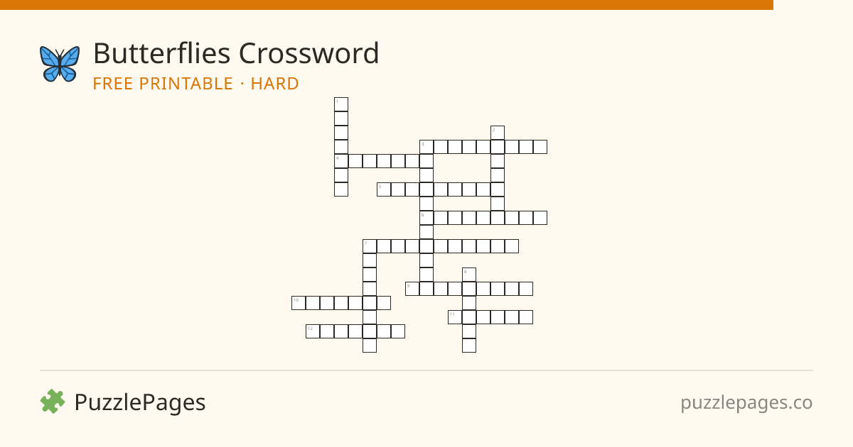 Butterflies Hard printable crossword preview — free to print from PuzzlePages