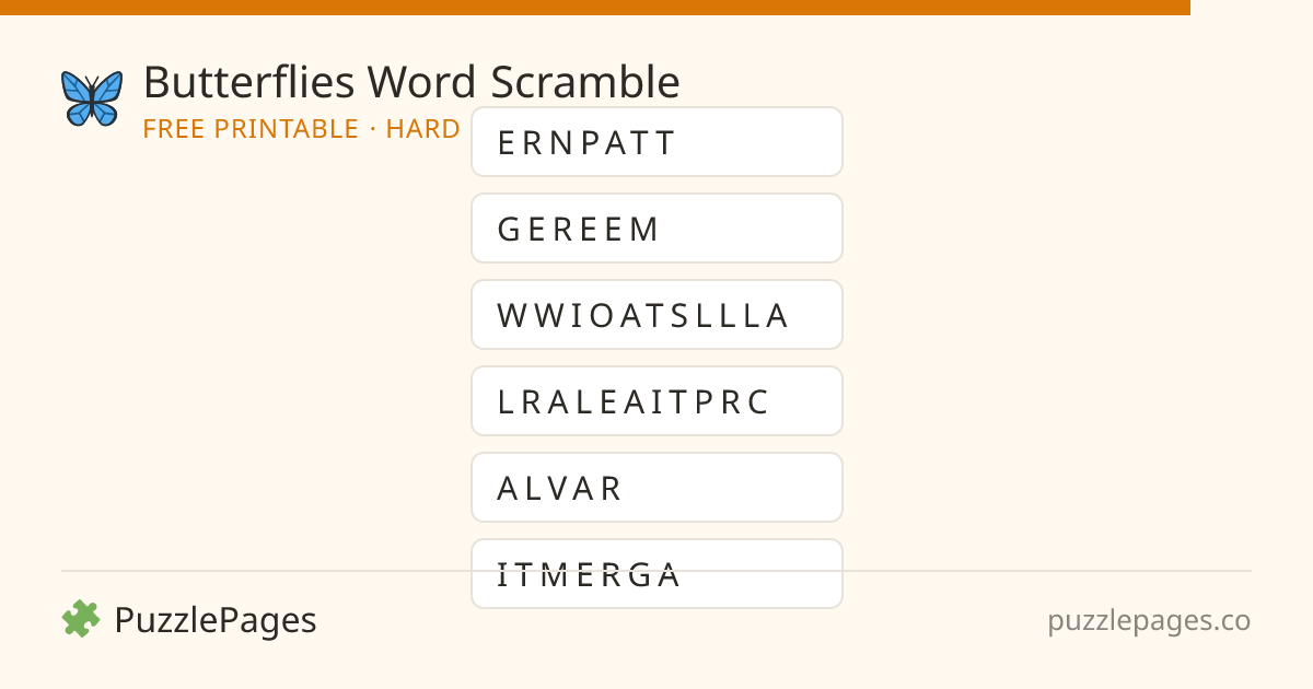 Butterflies Hard printable word scramble preview — free to print from PuzzlePages