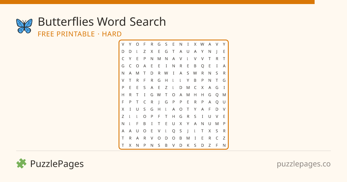 Butterflies Hard printable word search preview — free to print from PuzzlePages