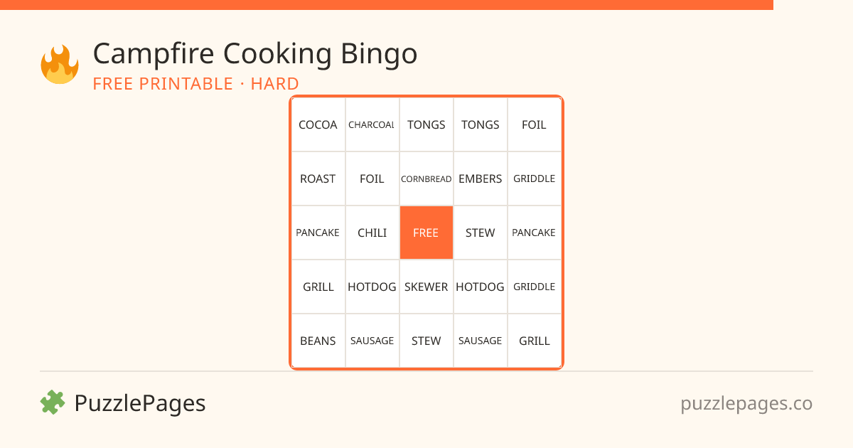 Campfire Cooking Hard printable bingo preview — free to print from PuzzlePages