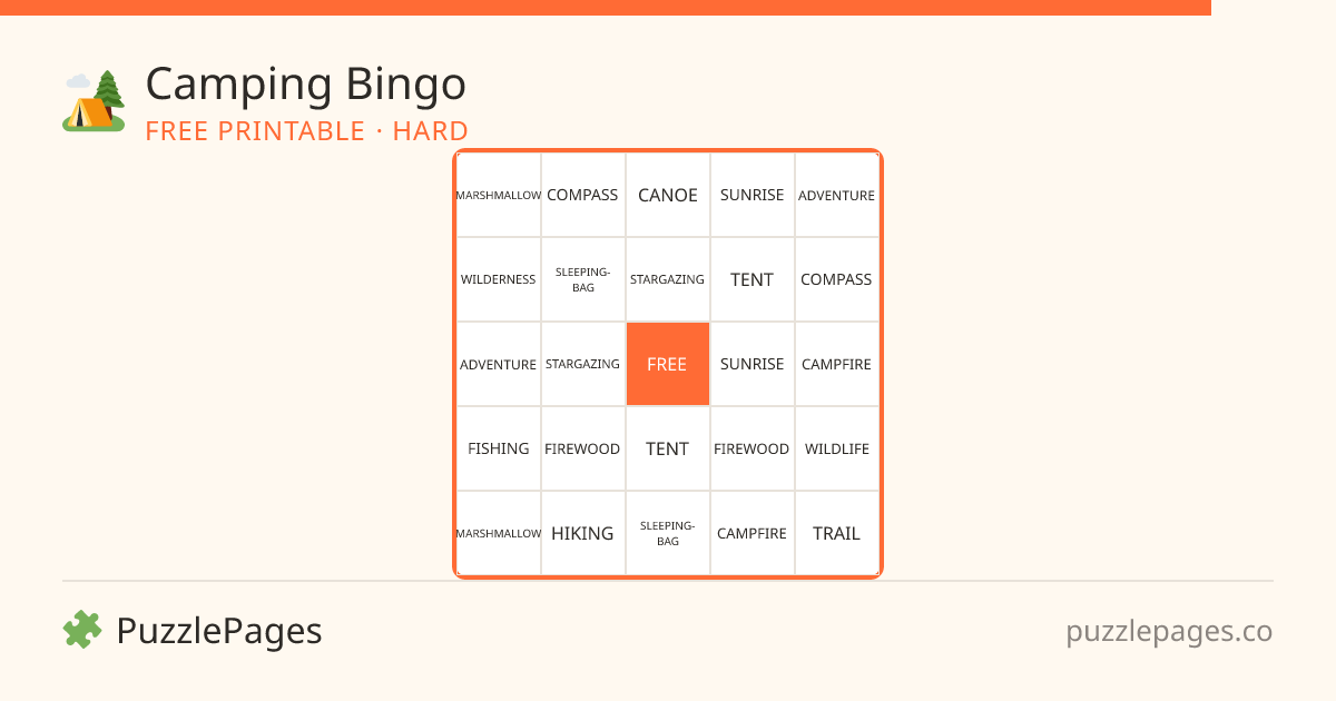 Camping Hard printable bingo preview — free to print from PuzzlePages