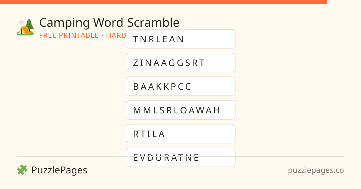 Camping Hard printable word scramble preview — free to print from PuzzlePages