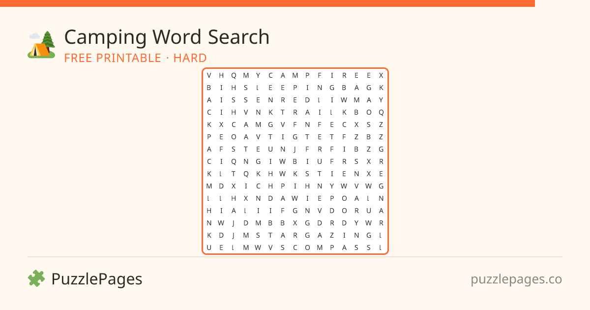 Camping Hard printable word search preview — free to print from PuzzlePages