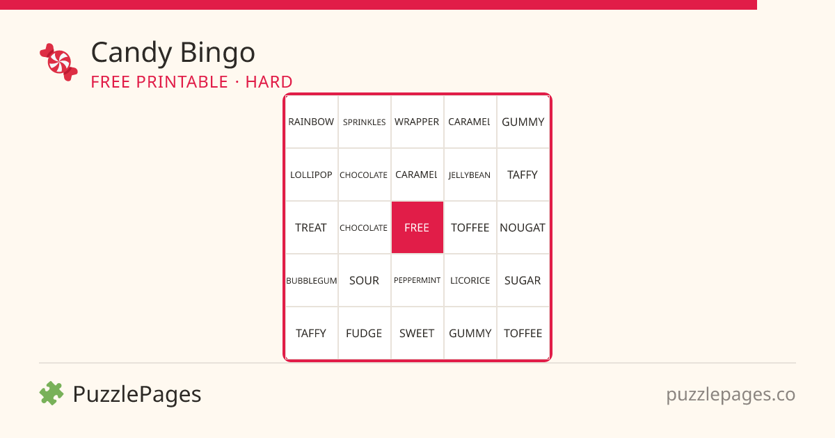 Candy Hard printable bingo preview — free to print from PuzzlePages
