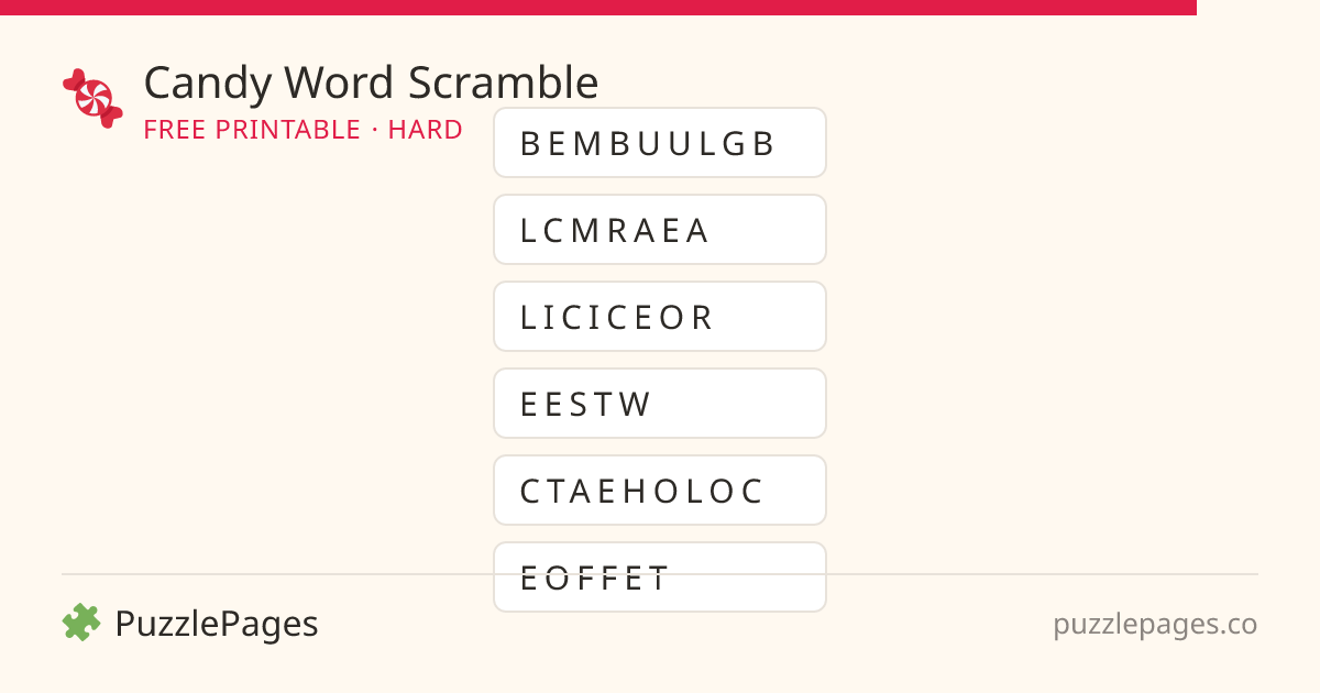Candy Hard printable word scramble preview — free to print from PuzzlePages