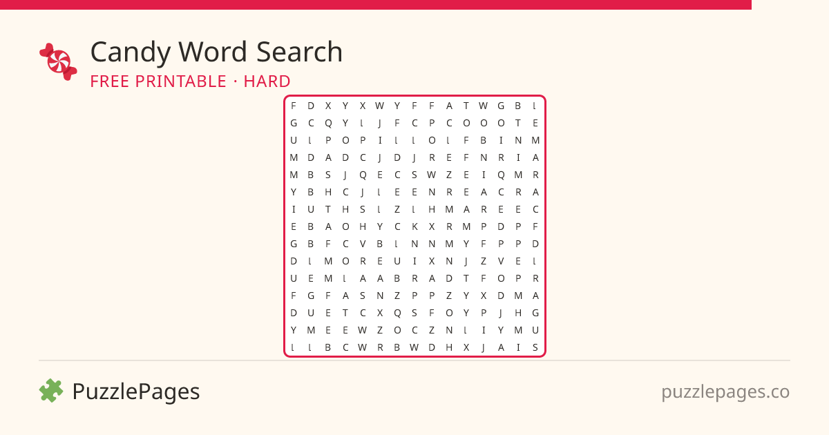 Candy Hard printable word search preview — free to print from PuzzlePages