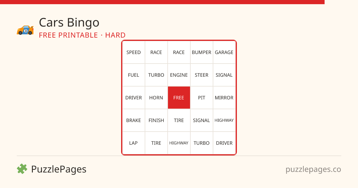 Cars Hard printable bingo preview — free to print from PuzzlePages