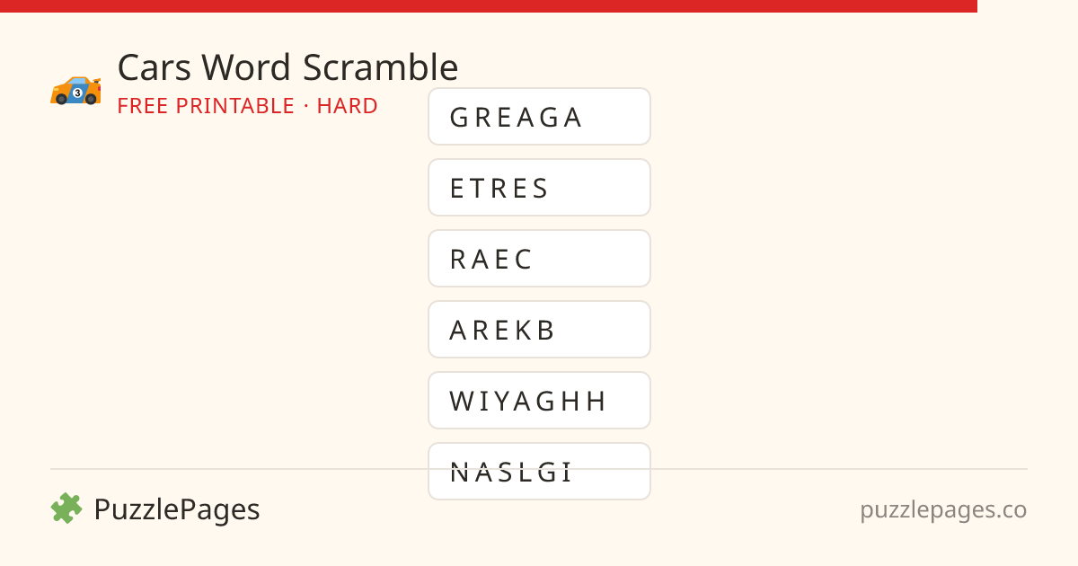 Cars Hard printable word scramble preview — free to print from PuzzlePages