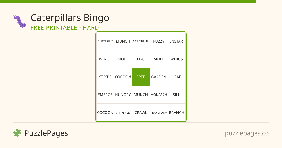 Caterpillars Hard printable bingo preview — free to print from PuzzlePages