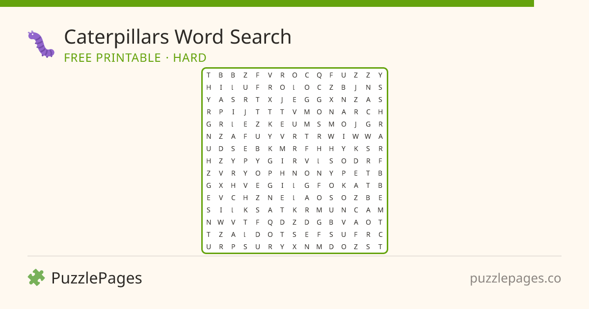 Caterpillars Hard printable word search preview — free to print from PuzzlePages