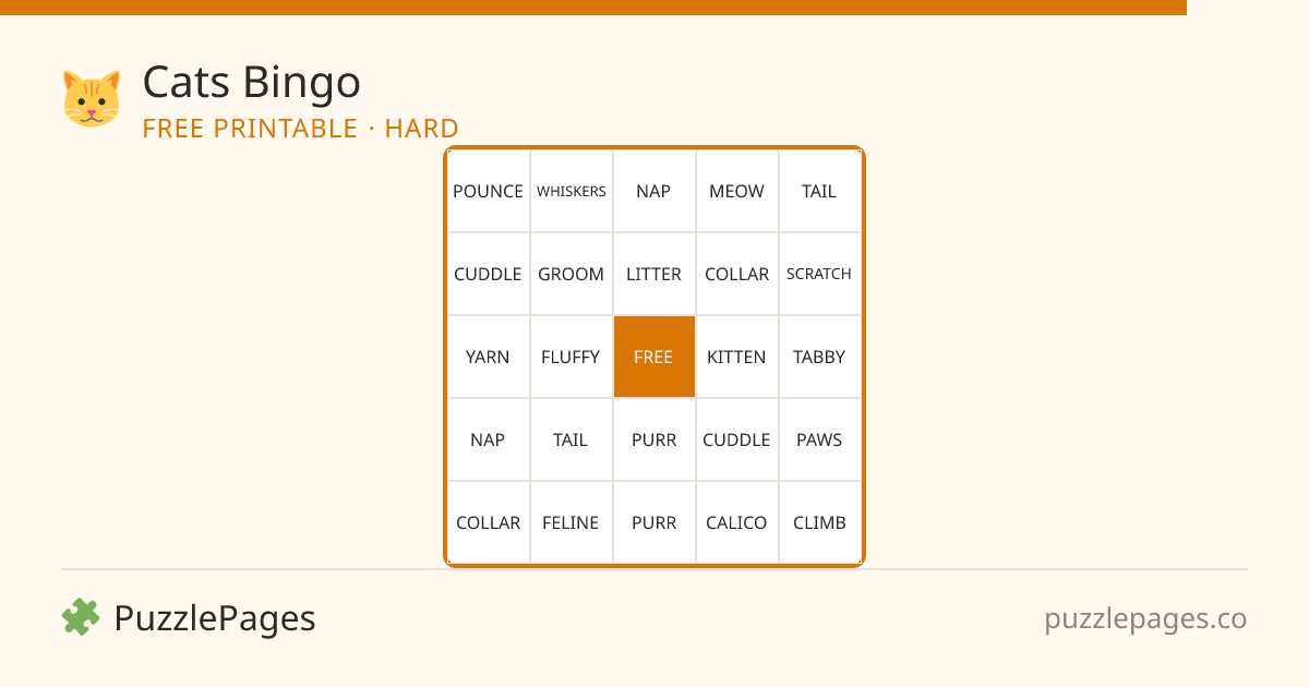 Cats Hard printable bingo preview — free to print from PuzzlePages