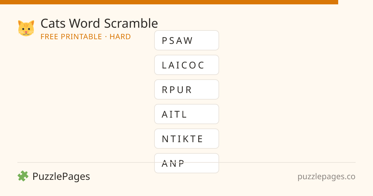 Cats Hard printable word scramble preview — free to print from PuzzlePages