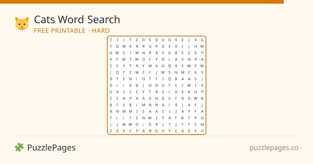 Cats Hard printable word search preview — free to print from PuzzlePages
